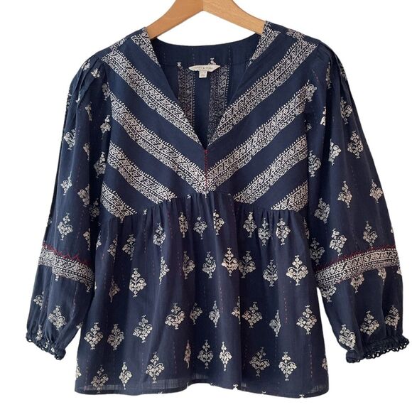 Lucky Brand 3/4 sleeve baby doll boho top, V-neck, navy blue red accents Sz XS - Picture 1 of 9